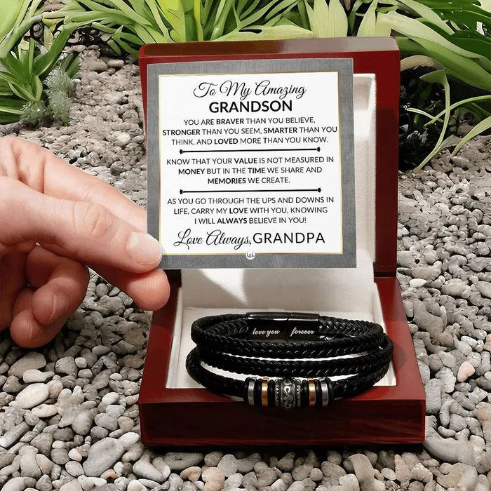 ShineOn Fulfillment Bracelets Gift For My Grandson From Grandpa Carry My Love With You Mens Braided Leather Bracelet Great As A Christmas Gift or A Birthday Present For Him