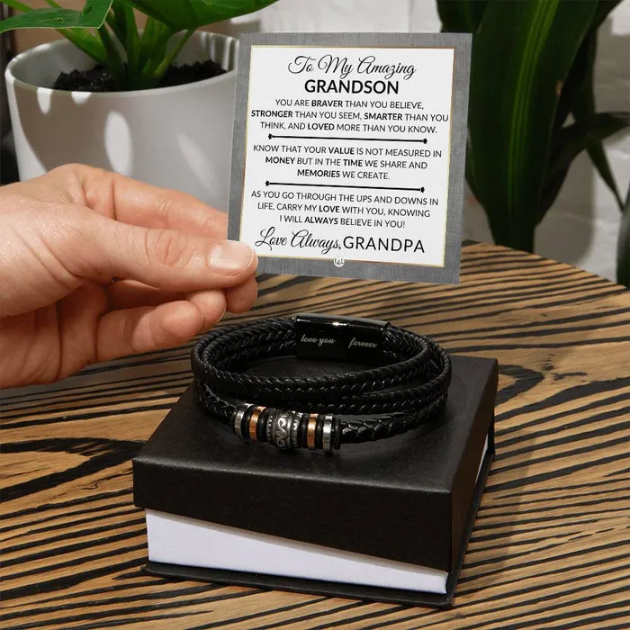 ShineOn Fulfillment Bracelets Gift For My Grandson From Grandpa Carry My Love With You Mens Braided Leather Bracelet Great As A Christmas Gift or A Birthday Present For Him