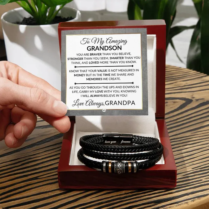 ShineOn Fulfillment Bracelets Gift For My Grandson From Grandpa Carry My Love With You Mens Braided Leather Bracelet Great As A Christmas Gift or A Birthday Present For Him