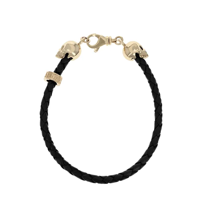 Bracelets 10K Gold Thin Braided Leather Hamlet Skull Bracelet King Baby