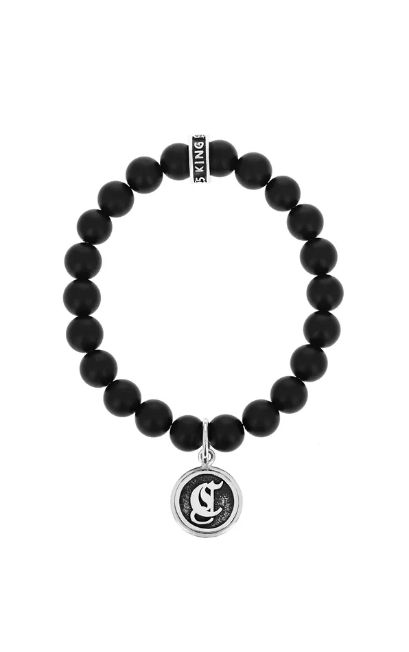 King Baby Bracelets Onyx Bracelet with Personalized Silver Letter Charm