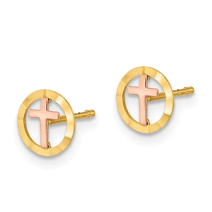 14k Twotone 7 mm Twotone Circle with Cross Post Earrings 04 grams Qgold Earrings