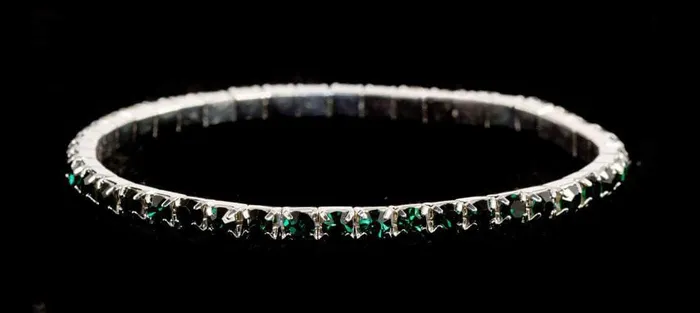 4028 Bracelets 11950 Single Row Stretch Rhinestone Bracelet Emerald Crystal Silver