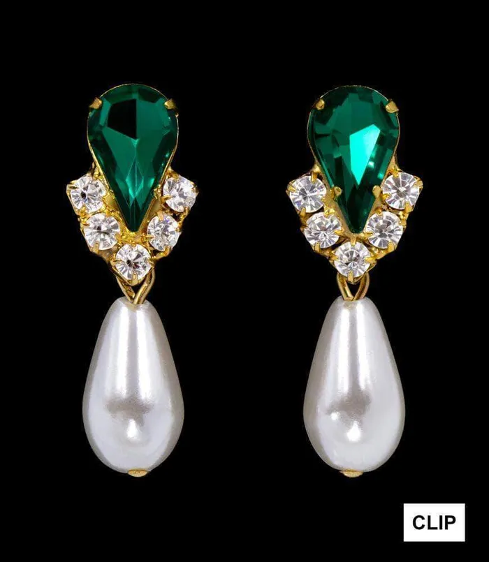 4037 5538EMG CLIP Rhinestone Pear V Pearl Drop EarringsEmerald GoldClip Earrings 4037 5538EMG CLIP Rhinestone Pear V Pearl Drop EarringsEmerald GoldClip Earrings