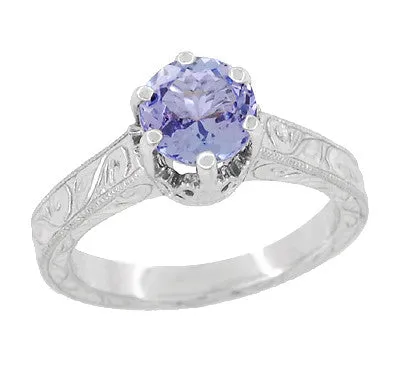 Antique Jewelry Mall Art Deco Carved Filigree Scrolls Crown Tanzanite Solitaire Engagement Ring in 18 Karat White Gold Rings Antique Jewelry Mall Art Deco Carved Filigree Scrolls Crown Tanzanite Solitaire Engagement Ring in 18 Karat White Gold Rings