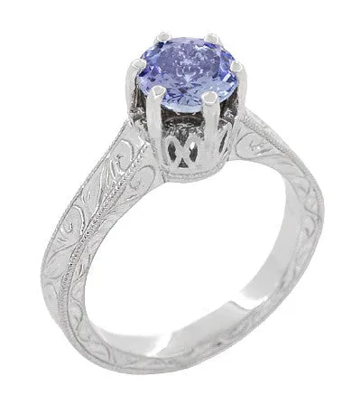 Antique Jewelry Mall Art Deco Carved Filigree Scrolls Crown Tanzanite Solitaire Engagement Ring in 18 Karat White Gold Rings Antique Jewelry Mall Art Deco Carved Filigree Scrolls Crown Tanzanite Solitaire Engagement Ring in 18 Karat White Gold Rings