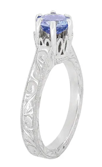 Antique Jewelry Mall Art Deco Carved Filigree Scrolls Crown Tanzanite Solitaire Engagement Ring in 18 Karat White Gold Rings Antique Jewelry Mall Art Deco Carved Filigree Scrolls Crown Tanzanite Solitaire Engagement Ring in 18 Karat White Gold Rings