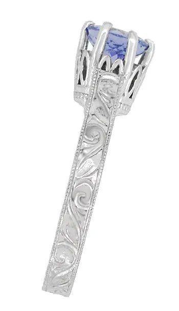 Antique Jewelry Mall Art Deco Carved Filigree Scrolls Crown Tanzanite Solitaire Engagement Ring in 18 Karat White Gold Rings Antique Jewelry Mall Art Deco Carved Filigree Scrolls Crown Tanzanite Solitaire Engagement Ring in 18 Karat White Gold Rings