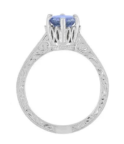 Antique Jewelry Mall Art Deco Carved Filigree Scrolls Crown Tanzanite Solitaire Engagement Ring in 18 Karat White Gold Rings Antique Jewelry Mall Art Deco Carved Filigree Scrolls Crown Tanzanite Solitaire Engagement Ring in 18 Karat White Gold Rings