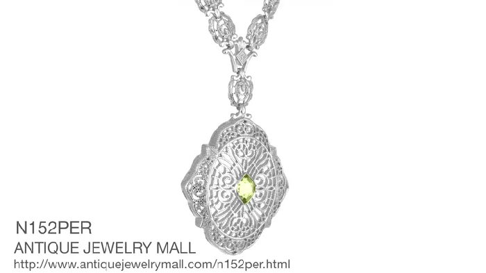 Antique Jewelry Mall Necklaces Edwardian Filigree Drop Pendant Necklace with Peridot and Diamond in Sterling Silver