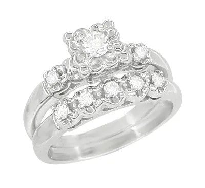 Antique Jewelry Mall Rings 1950s Retro Moderne Lucky Clover Diamond Engagement Ring and Wedding Ring Set in 14K White Gold
