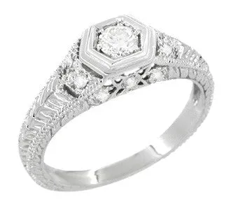 Antique Jewelry Mall Rings Filigree Engraved Hexagon Art Deco 14 Carat Diamond Engagement Ring in 14 Karat White Gold Low Profile Engagement