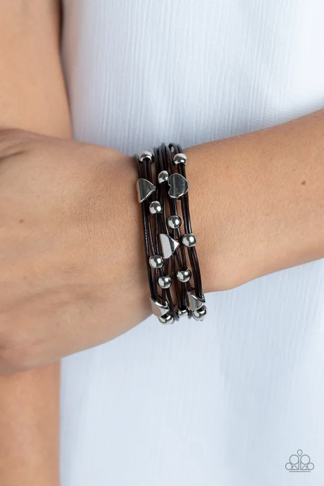Aphrodite Ascending Brown Cord Silver Heart Bead Magnetic Bracelet Paparazzi Paparazzi Accessories Bracelets