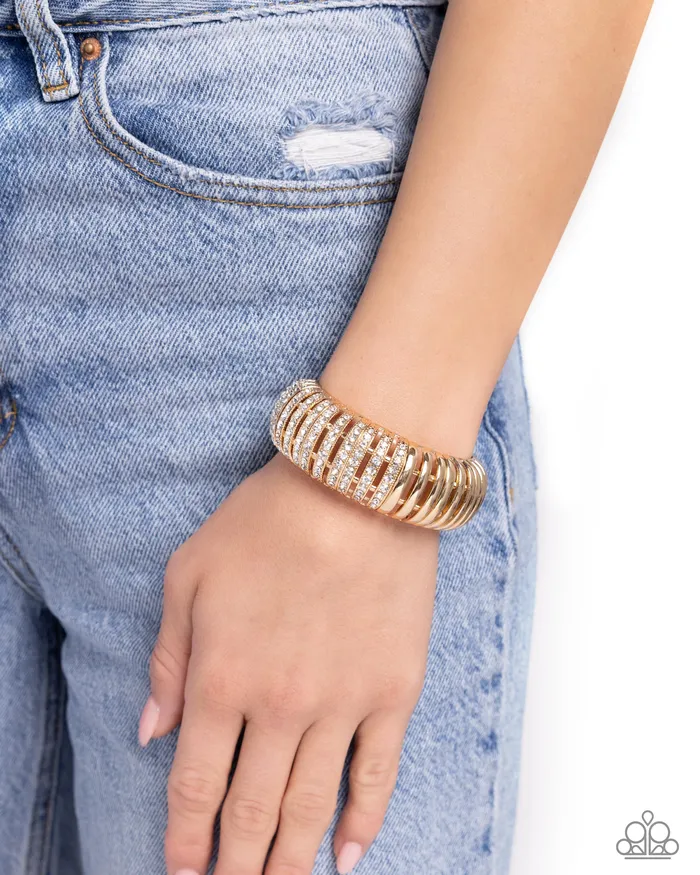 Appealing ALister Gold with White Rhinestone Stretchy Bracelet Paparazzi Paparazzi Accessories Bracelets