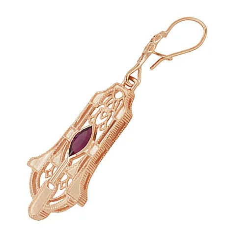 Art Deco Geometric Rhodolite Garnet Dangling Rose Gold Vermeil Filigree Earrings in Sterling Silver Antique Jewelry Mall Earrings
