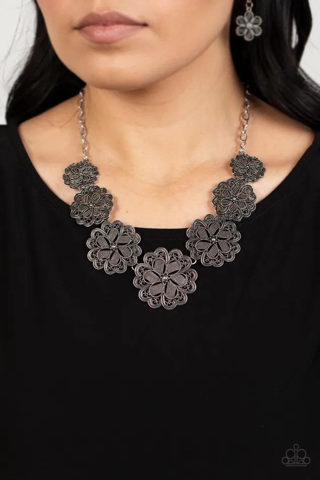 Basketful of Blossoms Silver Floral Medallion Necklace Paparazzi Paparazzi Accessories Necklaces