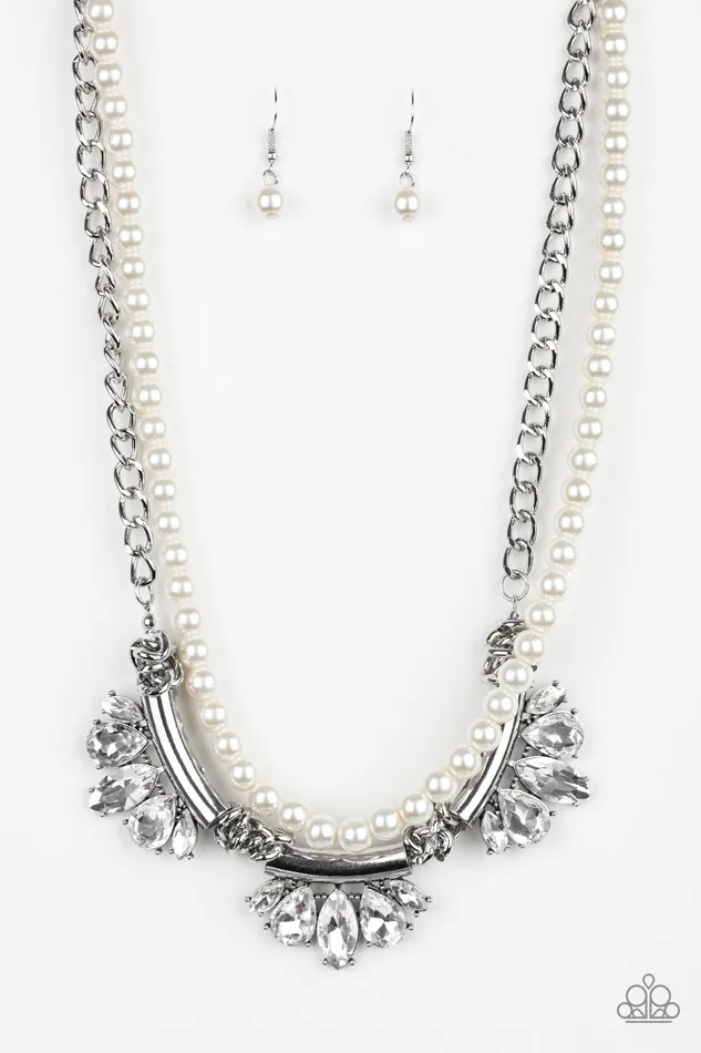 Bow Before the Queen Paparazzi White Pearl and Rhinestone Silver Layered Necklace EMP Exclusive Paparazzi Accessories Necklaces