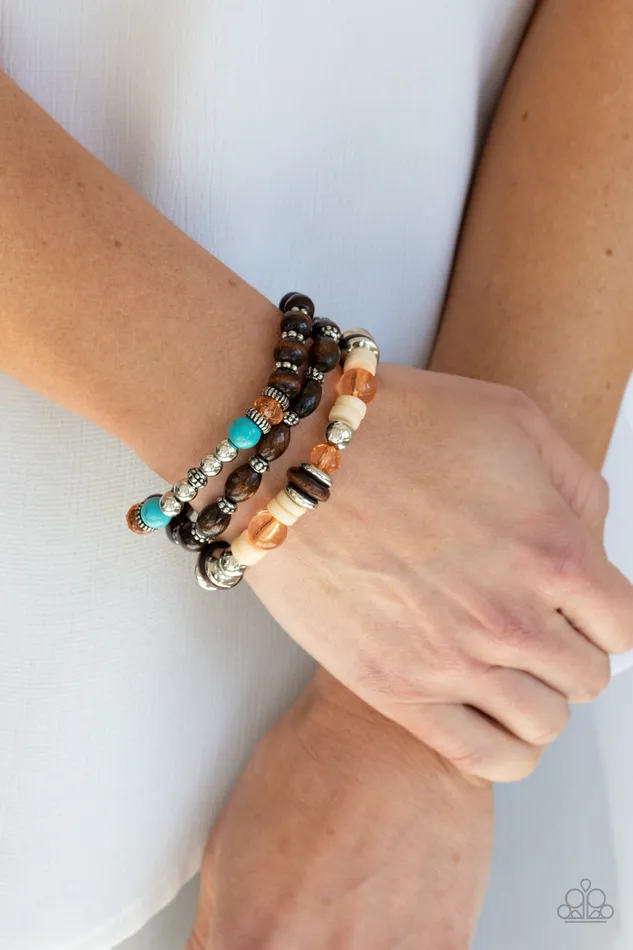 Bracelets Belongs In The Wild Orange and Wood Bead Silver Accent Stretchy Bracelet Paparazzi Paparazzi Accessories