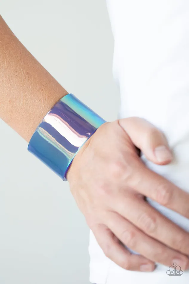 Bracelets Holographic Aura Blue Iridescent Acrylic Cuff Bracelet Paparazzi Paparazzi Accessories
