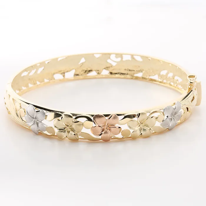 Bracelets Nakoa 9mm 14K Yellow Gold TriColor Plumeria Bangle Bracelet