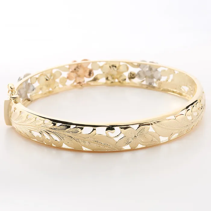 Bracelets Nakoa 9mm 14K Yellow Gold TriColor Plumeria Bangle Bracelet