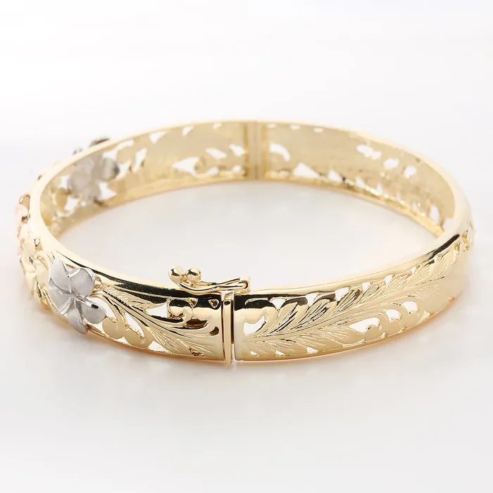 Bracelets Nakoa 9mm 14K Yellow Gold TriColor Plumeria Bangle Bracelet