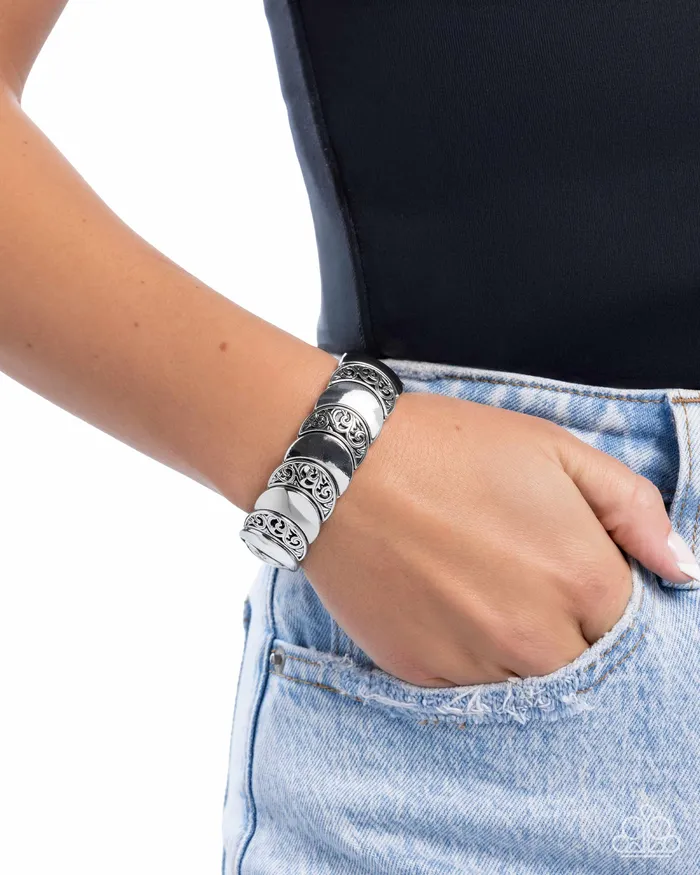 Bracelets Paparazzi Accessories Filigree Flair Silver Crescent Stretchy Bracelet Paparazzi