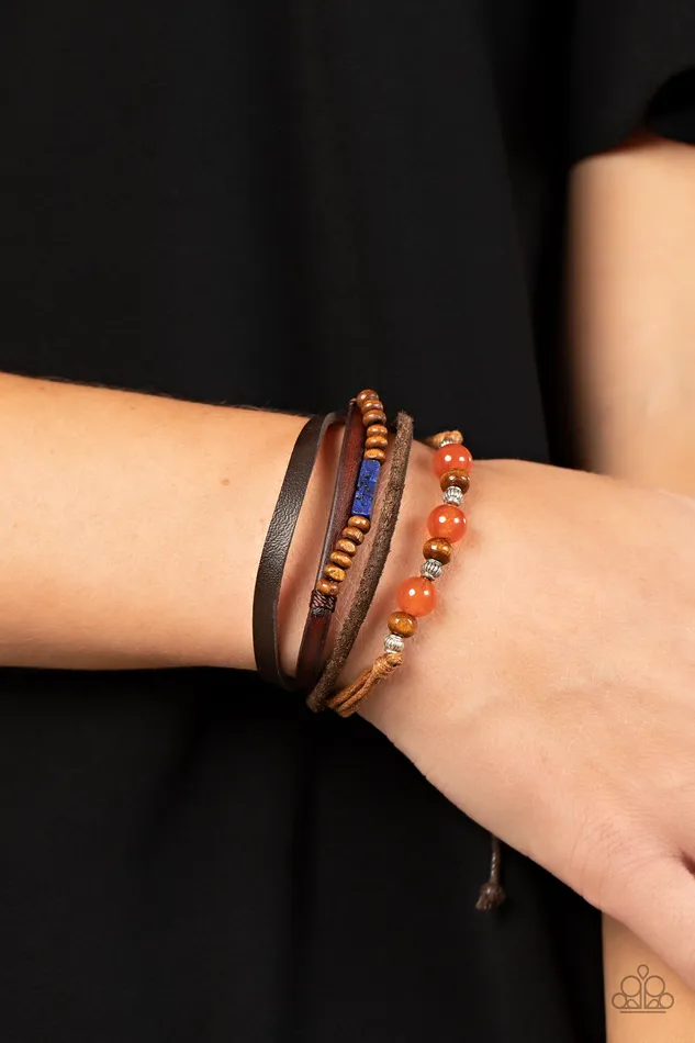 Bracelets Paparazzi Accessories Public InQUARRY Multi Orange and Blue Brown Wooden Bead Slide Bracelet Paparazzi