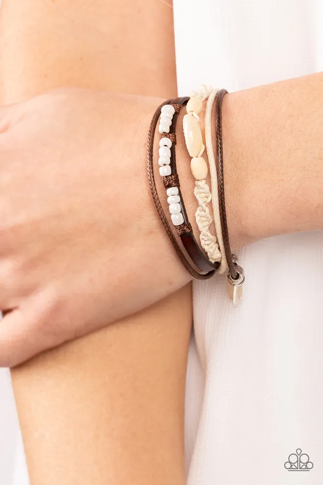 Bracelets Paparazzi Accessories Tidal Dream White Pearlyand Wooden Bead Shell Brown Leather Beachy Slide Bracelet Paparazzi