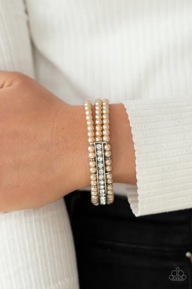 Bracelets Paparazzi Accessories Vintage Beam Brown Pearl White Rhinestone Stretchy Bracelet Paparazzi