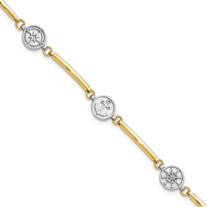 Bracelets Qgold 14k Twotone 8 mm Polished Compass and Anchor w 1in ext Bracelet 44 grams Bracelets Qgold 14k Twotone 8 mm Polished Compass and Anchor w 1in ext Bracelet 44 grams