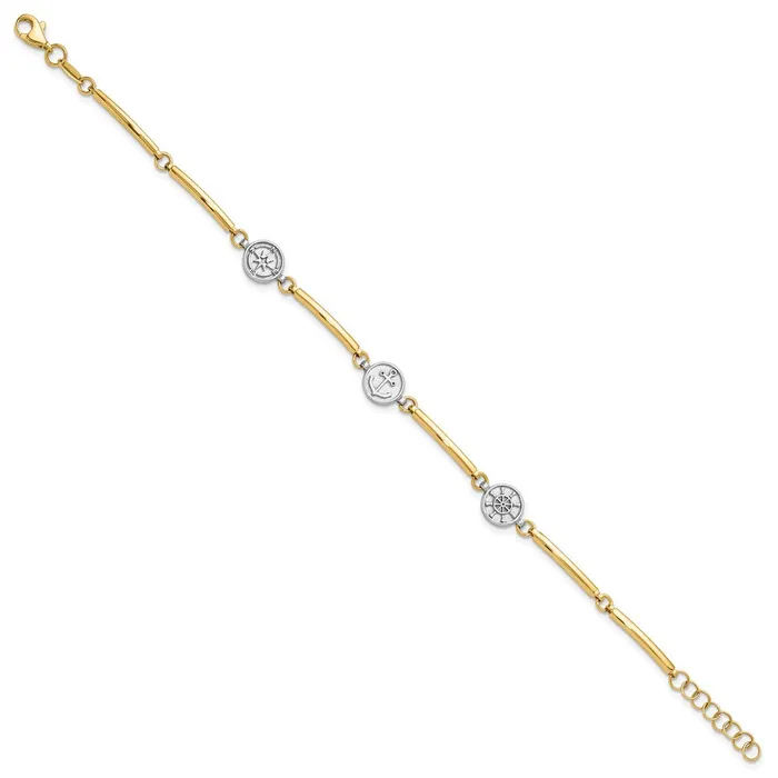 Bracelets Qgold 14k Twotone 8 mm Polished Compass and Anchor w 1in ext Bracelet 44 grams Bracelets Qgold 14k Twotone 8 mm Polished Compass and Anchor w 1in ext Bracelet 44 grams