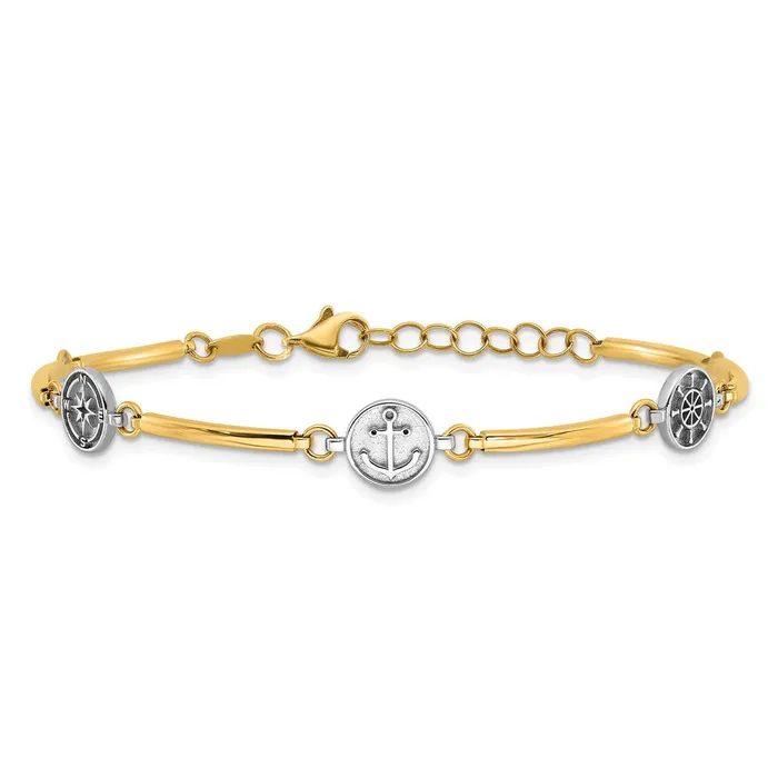 Bracelets Qgold 14k Twotone 8 mm Polished Compass and Anchor w 1in ext Bracelet 44 grams Bracelets Qgold 14k Twotone 8 mm Polished Compass and Anchor w 1in ext Bracelet 44 grams