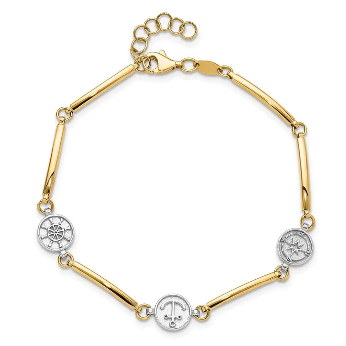 Bracelets Qgold 14k Twotone 8 mm Polished Compass and Anchor w 1in ext Bracelet 44 grams Bracelets Qgold 14k Twotone 8 mm Polished Compass and Anchor w 1in ext Bracelet 44 grams