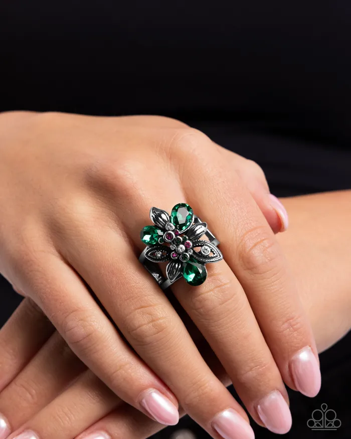 Carefree Corsage Green Rhinestone Silver Floral Ring Paparazzi Paparazzi Accessories Rings