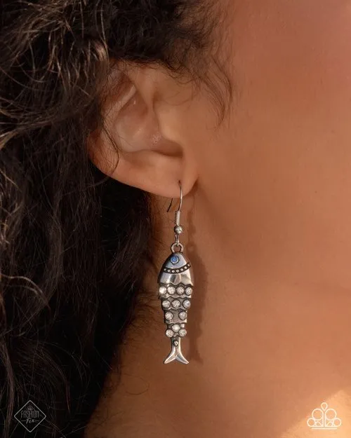 Coastal Cast Blue White Rhinestone Silver Fish Earrings Paparazzi Fashion Fix March 2025 Paparazzi Accessories Earrings