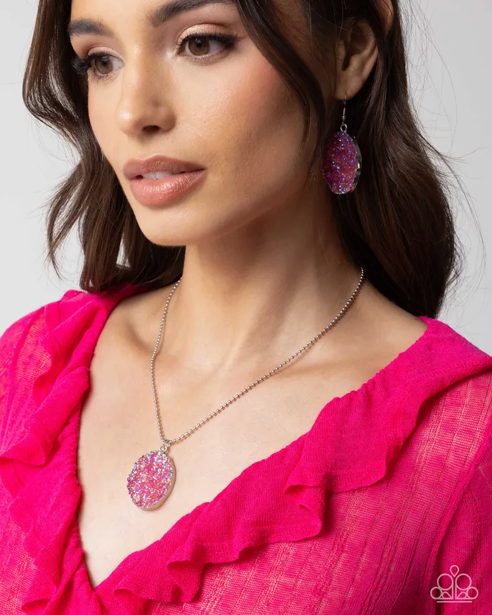 Complete Look Dreamy Druzies Short Necklace nd Dynamic Druzies Earrings Silver Pink Iridescent 2Piece Set Paparazzi Paparazzi Accessories Earrings