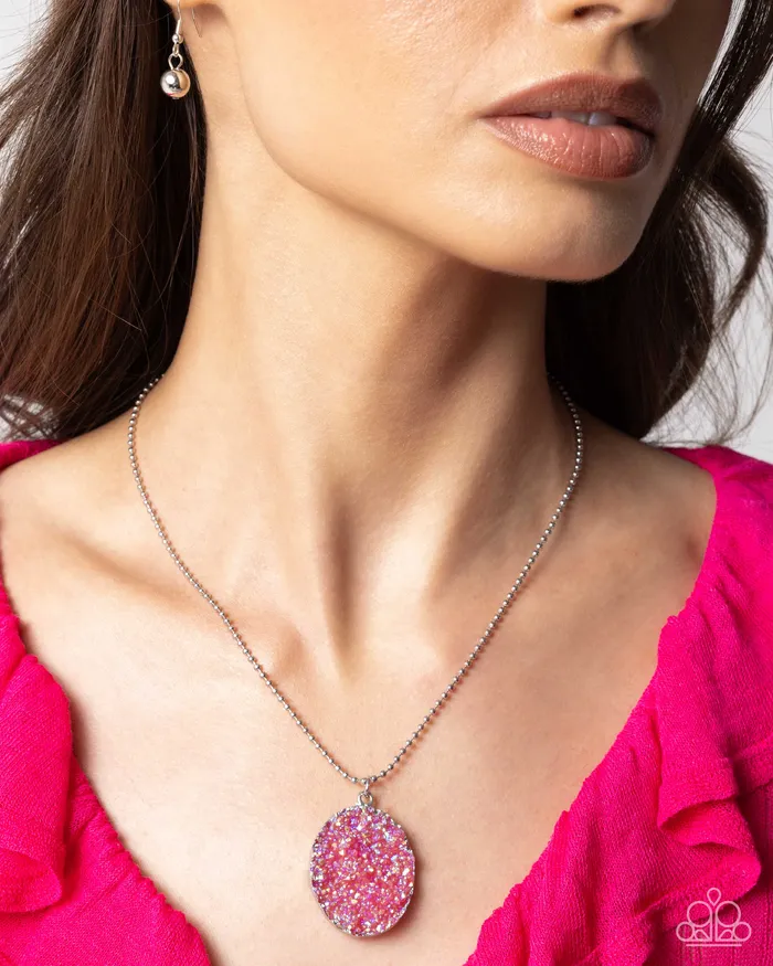 Complete Look Dreamy Druzies Short Necklace nd Dynamic Druzies Earrings Silver Pink Iridescent 2Piece Set Paparazzi Paparazzi Accessories Earrings