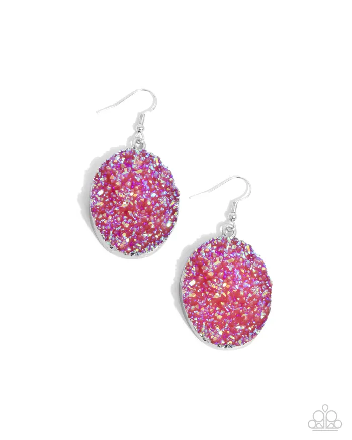 Complete Look Dreamy Druzies Short Necklace nd Dynamic Druzies Earrings Silver Pink Iridescent 2Piece Set Paparazzi Paparazzi Accessories Earrings