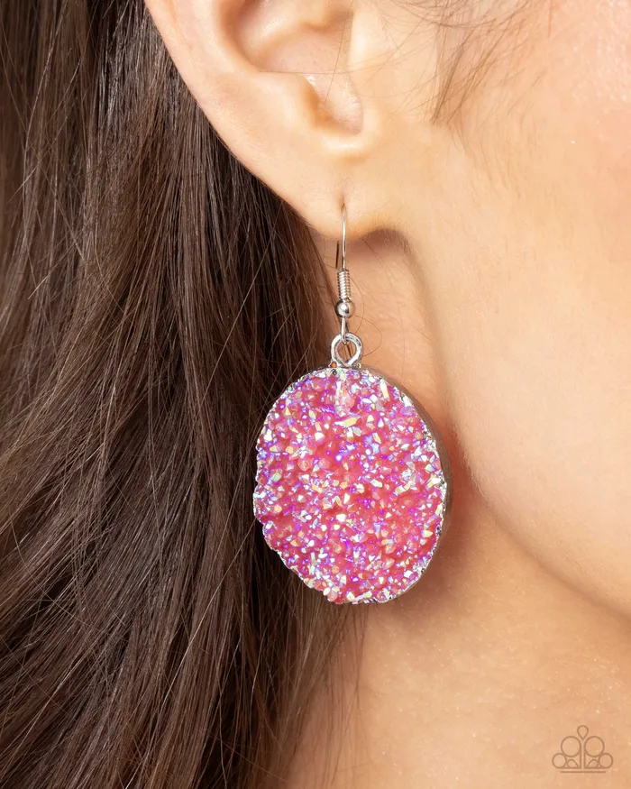 Complete Look Dreamy Druzies Short Necklace nd Dynamic Druzies Earrings Silver Pink Iridescent 2Piece Set Paparazzi Paparazzi Accessories Earrings