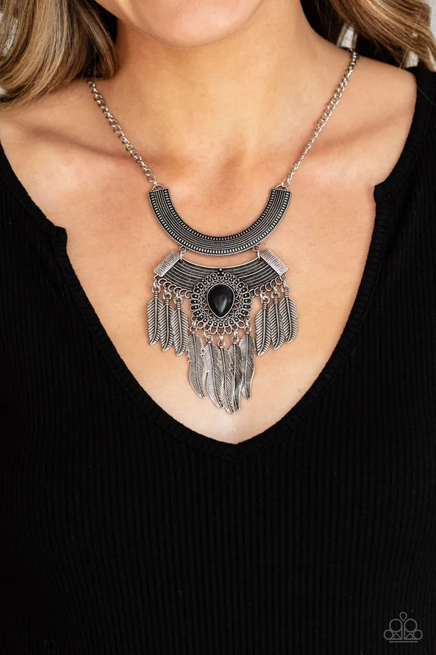 Desert Devotion Black Stone Silver Plate Fringe Necklace Paparazzi Paparazzi Accessories Necklaces