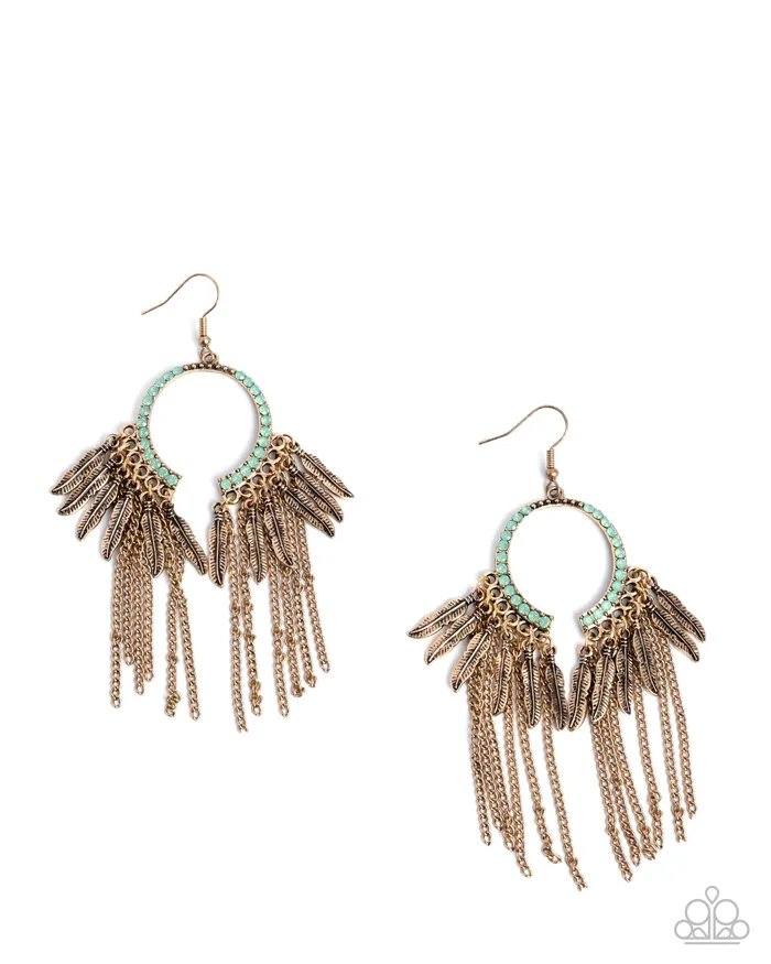 Earrings FreeSpirited Fringe Green Bead Old Gold Feather Earrings Paparazzi Paparazzi Accessories Earrings FreeSpirited Fringe Green Bead Old Gold Feather Earrings Paparazzi Paparazzi Accessories