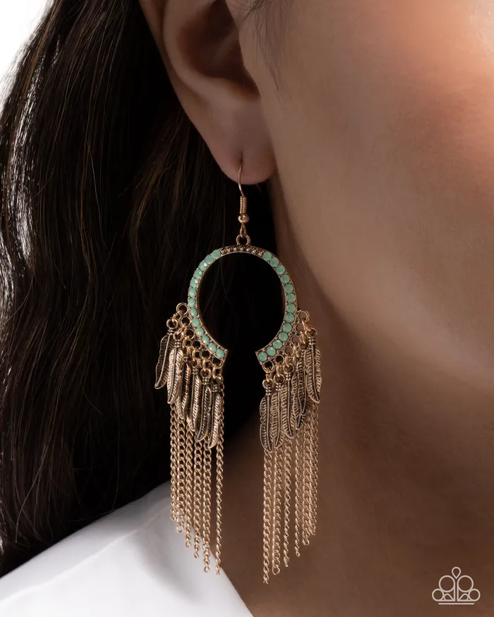 Earrings FreeSpirited Fringe Green Bead Old Gold Feather Earrings Paparazzi Paparazzi Accessories