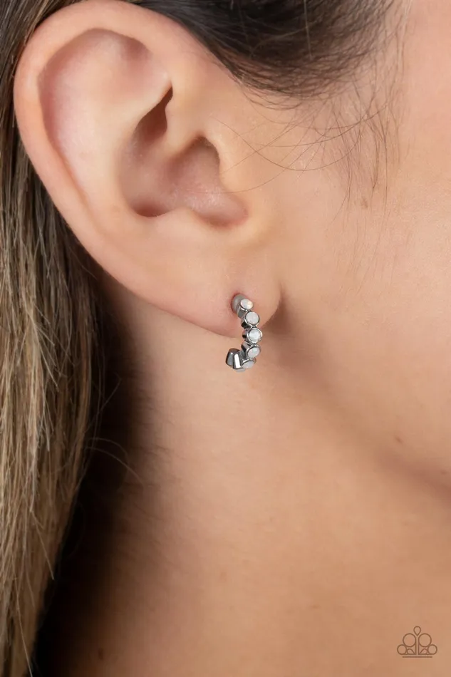 Earrings Paparazzi Accessories Carefree Couture White Opalescent Rhinestone Silver Tiny Hoop Earrings Paparazzi