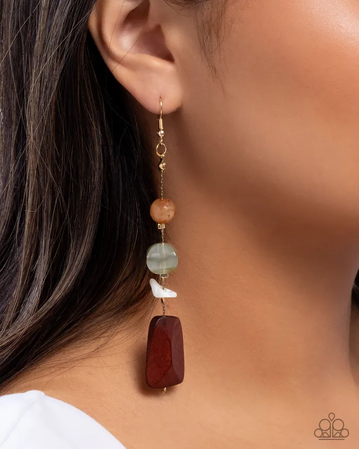 Earrings Paparazzi Accessories Creative Collection Green and Brown Wood Bead Gold Earrings Paparazzi