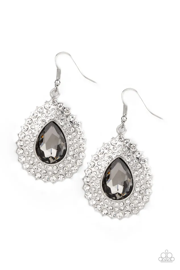 Earrings Paparazzi Accessories Exquisitely Explosive Silver Smoky Gem White Rhinestone Teardrop Earrings Paparazzi