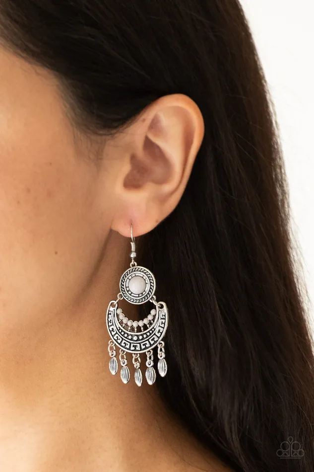 Earrings Paparazzi Accessories Mantra to Mantra Silver Crescent Frame Gray Beads Earrings