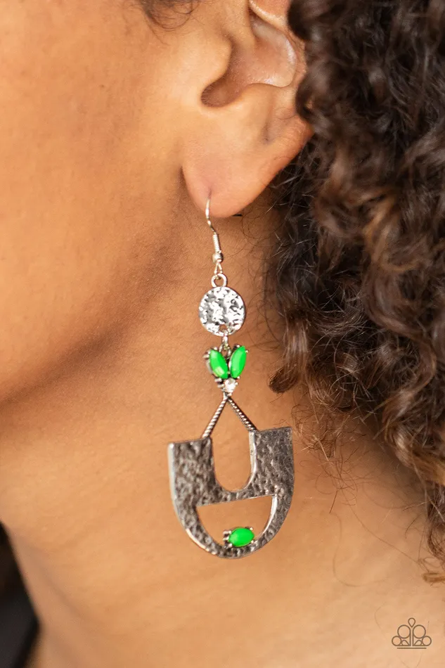 Earrings Paparazzi Accessories Modern Day Mecca Green Neon Bead Silver Earrings Paparazzi