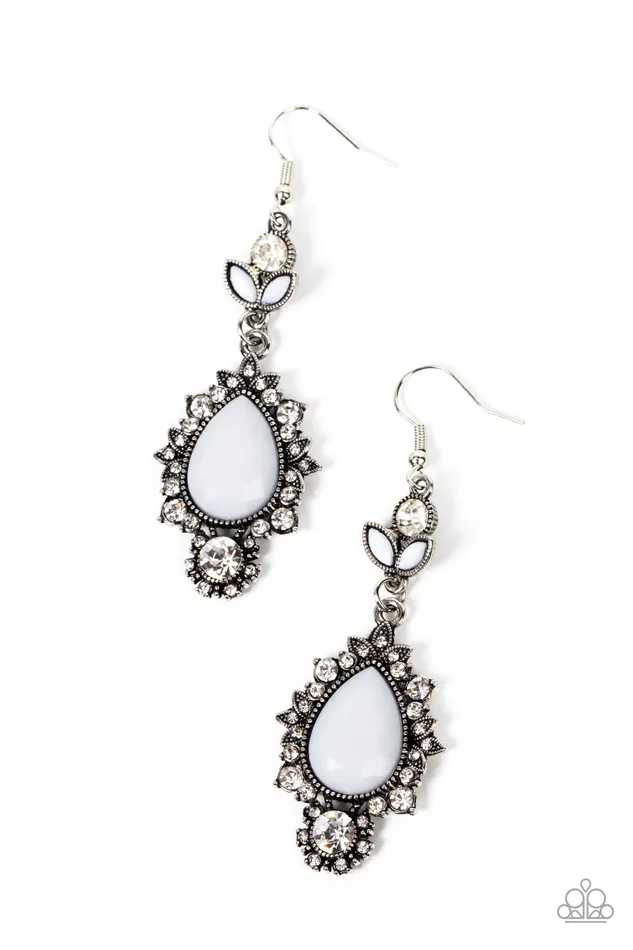 Earrings Paparazzi Accessories SELFIEEsteem White Bead Rhinestone Silver Earrings Paparazzi