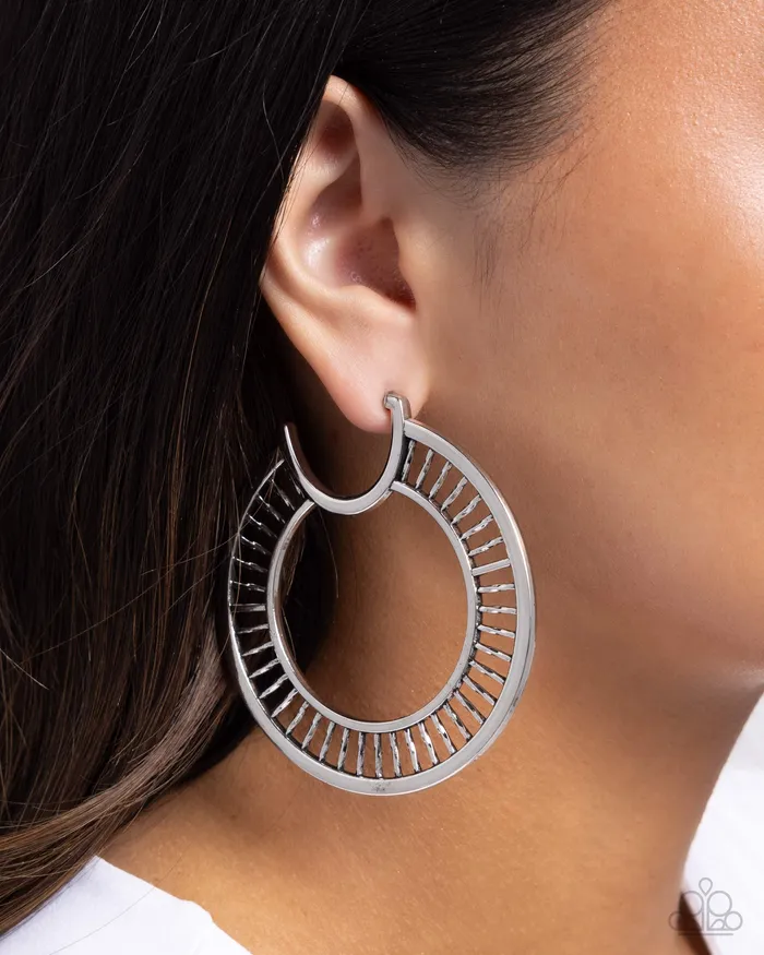 Earrings Paparazzi Accessories Set the Scene Silver Wheel Hoop Earrings Paparazzi